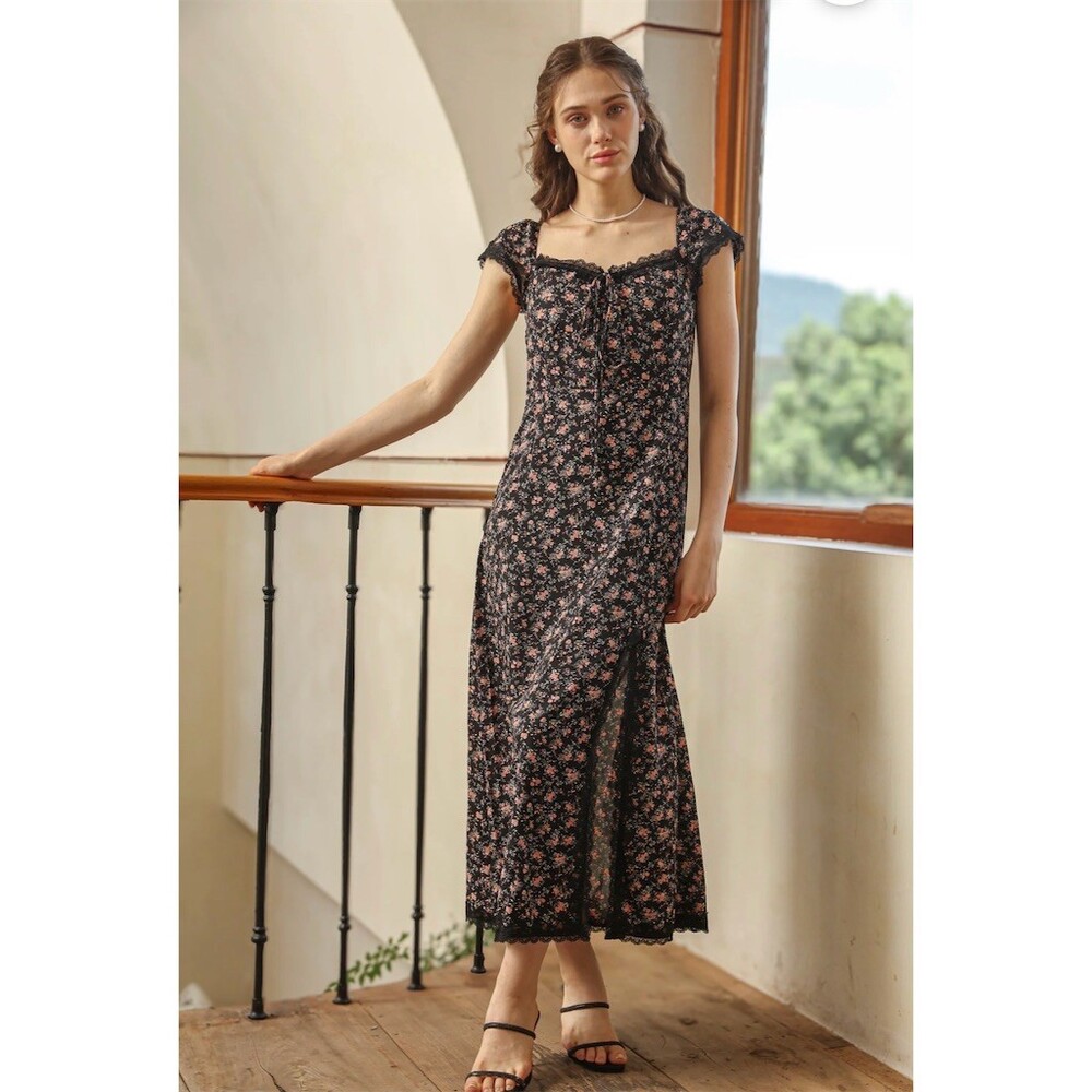 Rosie Posie Dress Womens M Black Ditsy Floral Midi Square Neck Lace Trim - Picture 3 of 7